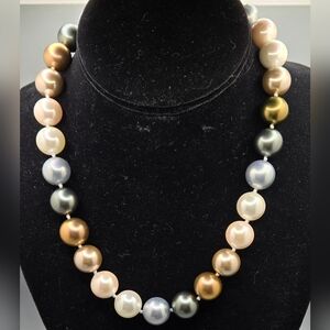 Glass Faux Pearl Necklace 13-14mm Knotted in White Cream Silver Grey Pale Pink